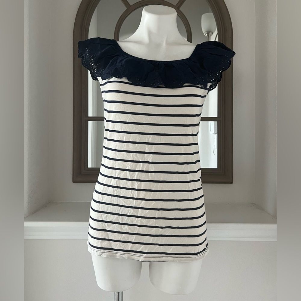 Lauren Ralph Lauren Striped Eyelet Ruffle Top, Cap Sleeve Round Neck Size XL NWT - Picture 5 of 14